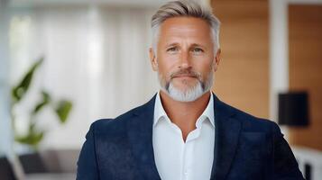 CEO with determined expression addressing employees in an elegant office photo