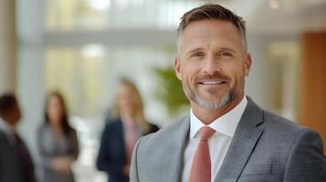 Confident executive leader in front of a team during a meeting in a large conference space, full body wide angle photo
