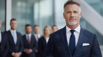 CEO standing confidently in a formal business suit in front of attentive employees photo