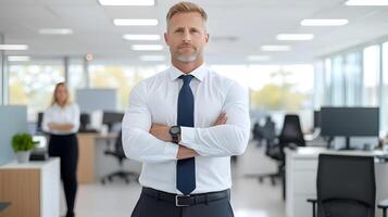 CEO confidently standing among employees in an office setting photo