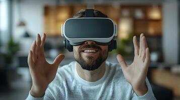 Professional seated in a tech-driven office using VR goggles, making energetic movements in a virtual environment photo