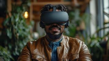 Professional seated in a tech-driven office using VR goggles, making energetic movements in virtual environment photo