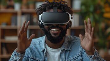 Professional seated in a tech driven office using VR goggles, making energetic movements in a virtual environment photo