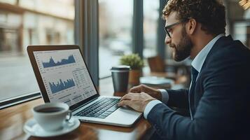 Businessperson reviewing financial reports and creating a growth strategy on a sleek laptop with vibrant graphs and data photo