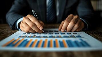 Business planner working on future growth strategies with charts, graphs, and professional tools in a bright workspace photo
