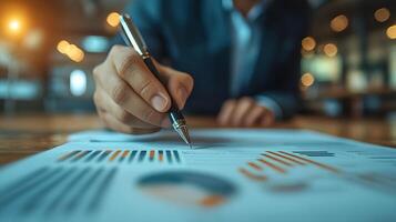 Business analyst crafting a strategic plan for company growth using charts and data-driven insights in a clean workspace photo