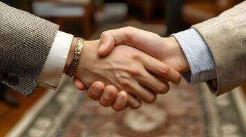 Hands shaking over a contract representing market diversification and new partnerships. photo