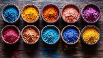 Top view of vibrant Holi powders arranged in decorative patterns photo
