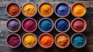 Top view of vibrant Holi powders arranged in decorative patterns on a wooden table photo