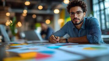 Organized office assistant taking structured notes on paper during a collaborative meeting photo