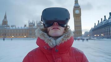Virtual travel experience with AR, user exploring historical landmarks with interactive information layers photo