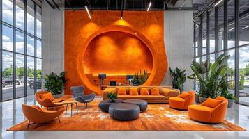 Modern workspace with ergonomic chairs and adjustable desks for accessibility, inclusive design with bright natural lighting photo