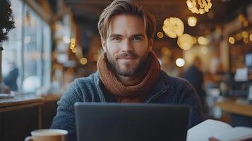 Freelancer in a coffee shop, working on a presentation with a laptop and open notepad photo