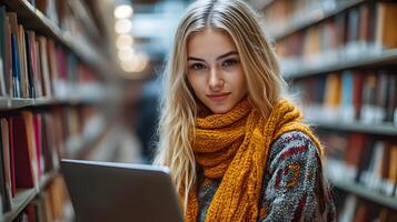 Freelancer in cozy library corner, typing on laptop surrounded by books and warm lighting. photo