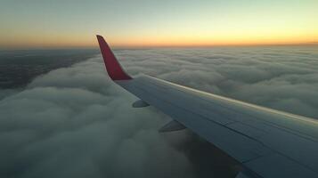 Airplane window view, clouds and wing, excitement of travel journey photo