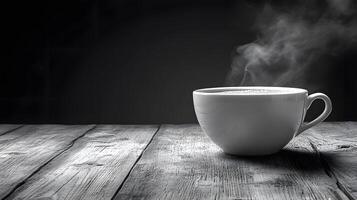 Close-up of steaming cup of coffee on a rustic wooden table, inviting atmosphere and warmth photo