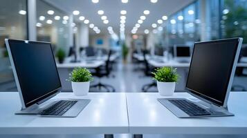 Abstract blurred image of modern open office with white interior, fully furnished with desks, chairs, and soft lighting, clean and professional look photo