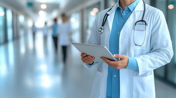 Modern medical technology interface showing doctor analyzing health metrics, tablet in hand seamless data visualization. photo