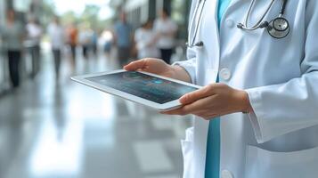 Modern medical technology interface showing doctor analyzing health metrics, tablet in hand, seamless data visualization. photo
