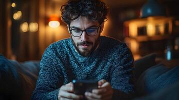 Digital marketer reviewing app with icons for social media ads, email blasts, search ads, interactive metrics, user engagement. photo