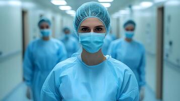 Medical team using tablet with digital health app, real-time diagnostics, secure data, modern healthcare facility photo