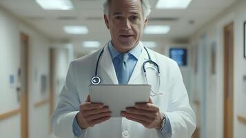 Digital health records displayed on a tablet held by doctor, vibrant holographic visuals, personalized patient data, innovative tech photo