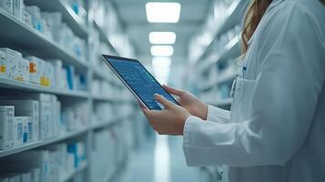 Modern medical technology interface showing doctor analyzing health metrics, tablet in hand, seamless data visualization photo