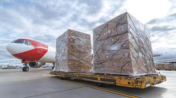 Cargo plane interior, crates stacked for shipment, organized logistics in modern aircraft photo