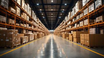 Trucks unloading at busy distribution center, efficient cargo handling, modern logistics photo