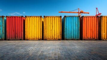 Containers stacked neatly on dock in shipping yard cranes in background, bright sunny day photo