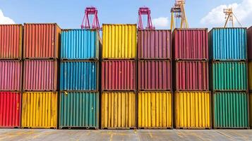 Containers stacked neatly on dock in shipping yard, cranes in background, bright sunny day photo