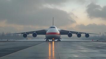 Cargo plane on runway preparing for takeoff airport background, overcast sky, modern logistics scene photo