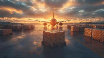 Airport cargo terminal with packages and crates ready, cargo plane parked nearby, efficient logistics photo