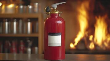Fire extinguisher mounted on a wall, clear signage and accessible placement for emergencies photo