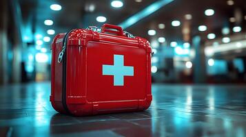 Emergency kit with first aid supplies, visible and ready for quick access in an office space photo