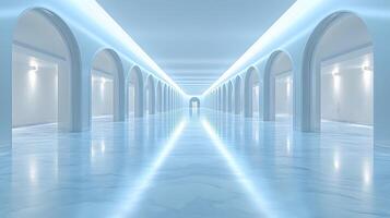 High-tech office background, 3D rendering, clean setup, futuristic design elements, panoramic views photo