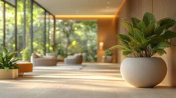 Modern office with blurred background, open space, large windows, minimalist design, bright atmosphere photo