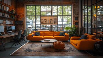 Professional co-working space with a team collaborating near a fitness-friendly area, active and productive work photo