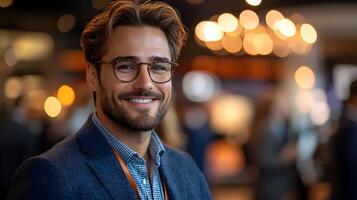 Entrepreneur networking at a corporate event, building business relationships photo