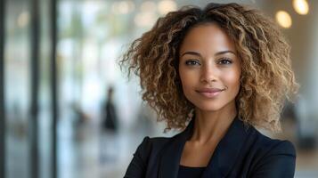 Woman entrepreneur standing in front of modern office building, poised expression, success-driven energy photo