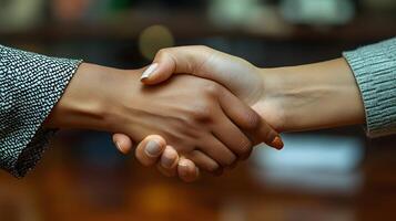 Female executive shaking hands with a colleague, strong business relationships, modern workspace photo