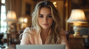 Successful female executive working on laptop, focused expression, elegant office setting photo