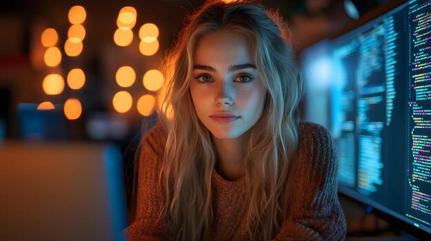 hembra descifrador trabajando en computadora, tecnología y innovación, moderno espacio de trabajo foto