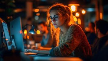 Startup team working late in a modern office, dedication and commitment, achieving goals photo