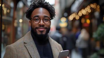 Young businessman using AI to automate customer interactions via mobile networks photo