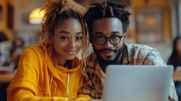 Young couple reviewing holiday options on a laptop with a travel expert, bright and modern office photo