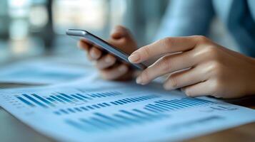 Professional using AI-powered predictive analytics on a mobile phone, real-time decision-making photo