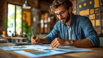 Coworkers analyzing financial reports, teamwork and problem-solving photo