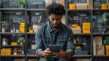 Man optimizing e-commerce platforms with AI-powered automation tools on a phone photo