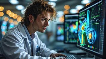 Young scientist working intently on advanced technology in a modern laboratory setting with vibrant visual displays photo